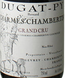 Close-up of Dugat-Py Charmes Chambertin 1998 Grand Cru wine bottle label from Gevrey-Chambertin, France.