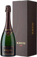 Krug Vintage 2002 Champagne bottle and box set, showcasing premium packaging.