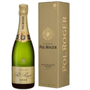 Pol Roger Blanc de Blancs 2008 champagne bottle with gold foil neck and matching gold box packaging