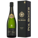Pol Roger Brut Vintage 2012 champagne bottle with black and gold label next to matching black gift box